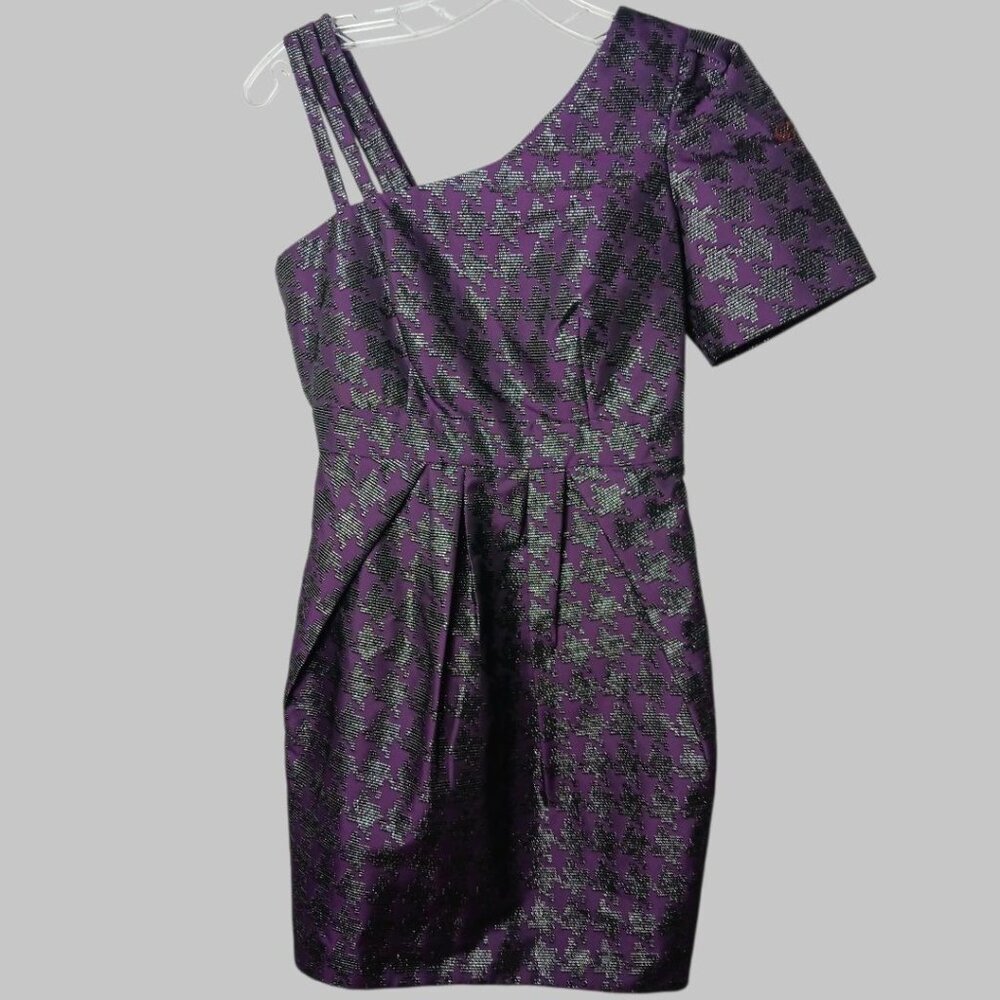 2B Rych One-Shoulder Plum Metallic Jacquard Mini Dress Polyester Blend Sz 0 - Picture 7 of 16